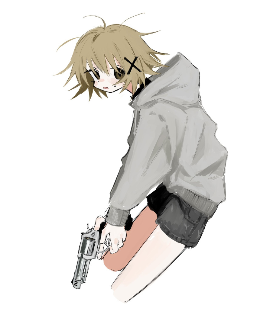 1girl ahoge alternate_costume black_eyes black_shorts brown_hair cropped_legs from_side grey_hoodie gun hair_ornament hidamari_sketch highres holding holding_gun holding_weapon hood hood_down hoodie long_sleeves looking_at_viewer looking_to_the_side open_mouth revolver short_shorts shorts simple_background solo sweat trigger_discipline tsuda_hayato two-handed weapon white_background x_hair_ornament yuno_(hidamari_sketch)