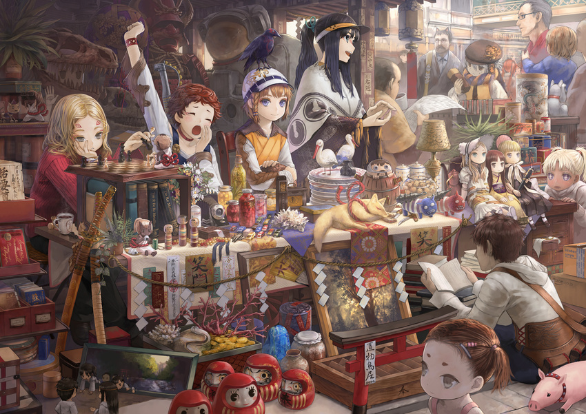 4girls animal_ears bird black_hair blonde_hair blue_eyes board_game bone book bored bottle braid brown_hair cat_ears chess child closed_eyes crowd cup daruma_doll doll facial_hair fantasy fossil fox glasses hat highres jar jitome lamp market masakichi multiple_girls mustache open_book original pig plant plate shide shop short_hair sitting spacesuit stretch sword tea teacup weapon yawning