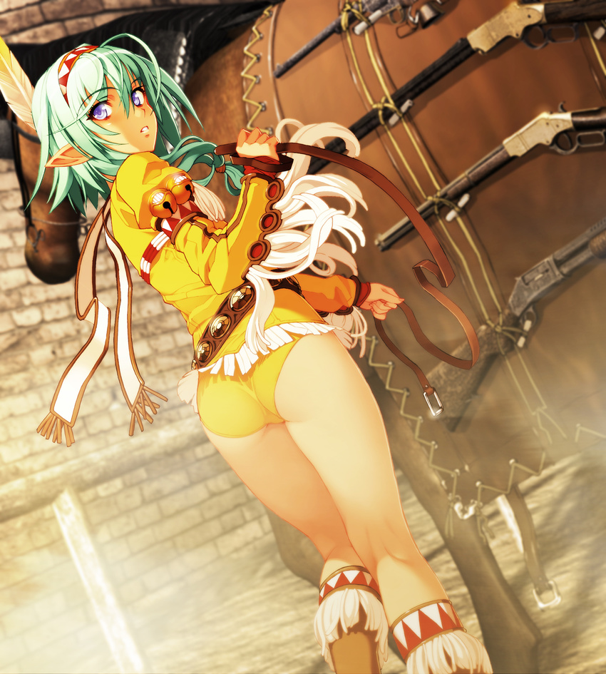 ahoge alfie ass bell belt boots colt_buntline elf feathers fringe_trim green_hair gun hairband headdress henry_model_1860 highres horse jingle_bell kneepits legs looking_back native_american native_american_headdress nishii_(nitroplus) non-web_source pointy_ears purple_eyes rifle scarf short_hair shotgun solo tan weapon western winchester_model_1866 winchester_model_1897 zoku_satsuriku_no_django