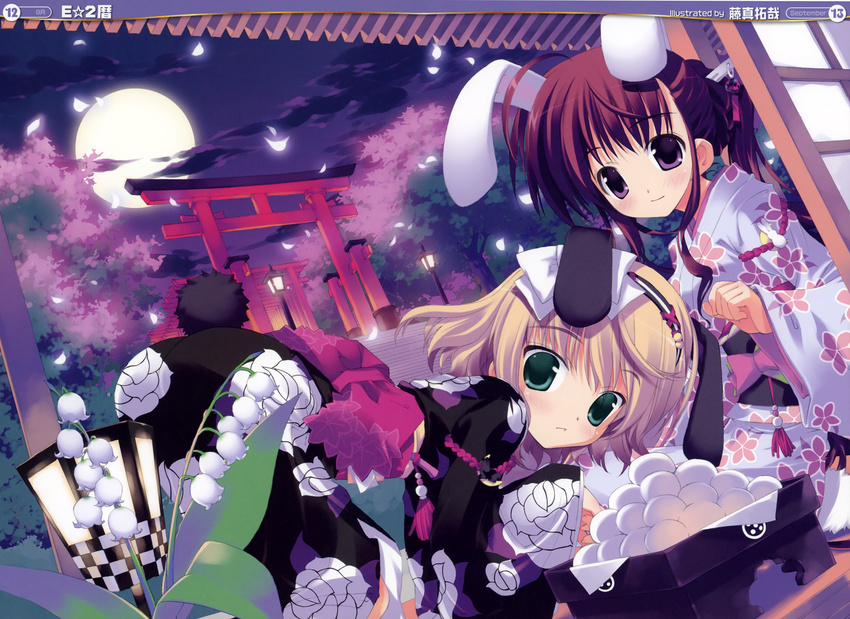 2girls absurdres animal_ears bunny_ears bunny_tail cherry_blossoms copyright_request dango food fujima_takuya full_moon highres japanese_clothes kimono mochi moon multiple_girls ryoubu_torii tail torii wagashi