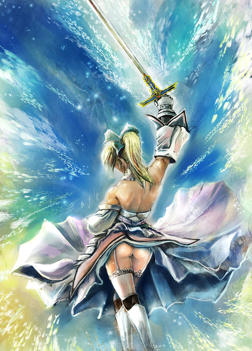 arm_up artoria_pendragon_(all) ass back bccp blonde_hair caliburn crossed_legs dress fate/stay_night fate/unlimited_codes fate_(series) from_behind garter_straps greaves highres long_hair ponytail saber saber_lily solo standing sword thighhighs watson_cross weapon
