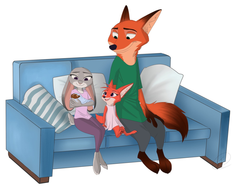 baby bedding blanket canine clothing disney dress fan_character female fox isabelle_wilde judy_hopps lagomorph male mammal nick_wilde pillow rabbit simple_background sofa trashasaurusrex white_background young zootopia