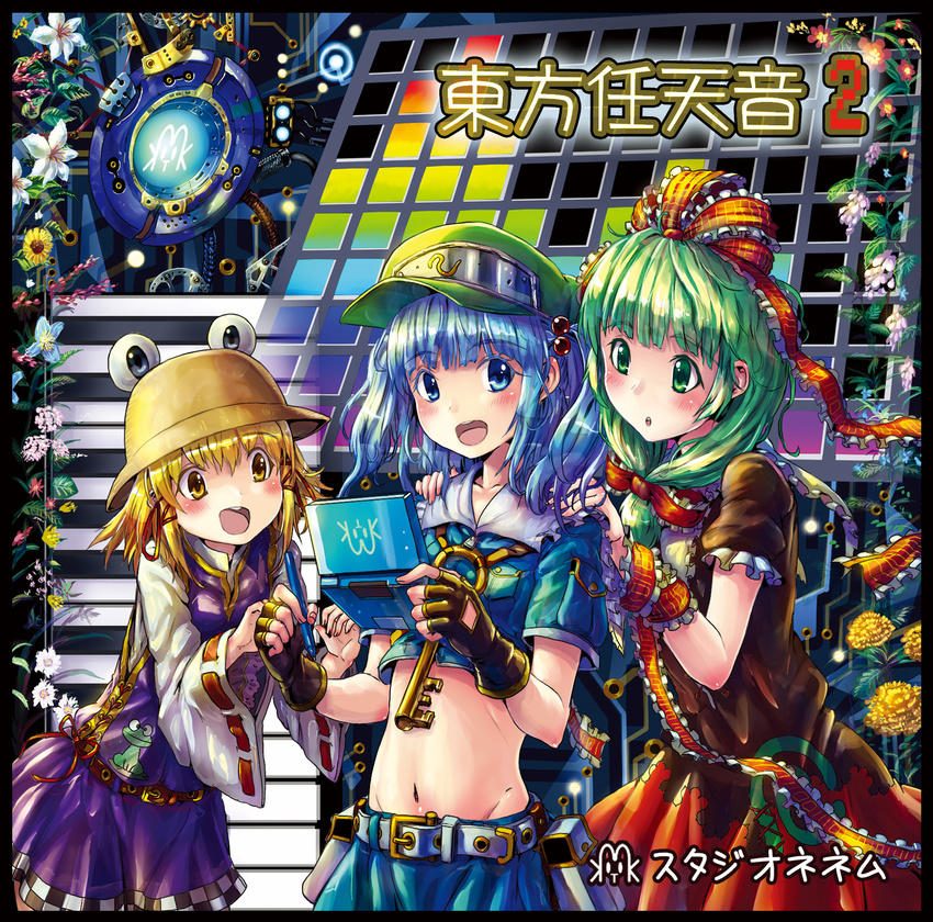 adapted_costume album_cover blonde_hair blue_eyes brown_eyes cover front_ponytail green_eyes green_hair groin hair_bobbles hair_ornament hair_ribbon handheld_game_console hat highres instrument kabutoyama kagiyama_hina kawashiro_nitori key keyboard_(instrument) long_hair machine midriff moriya_suwako multiple_girls nintendo_3ds ribbon short_hair touhou two_side_up