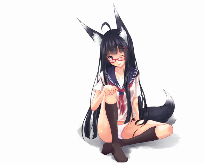 animal_ears black_hair foxgirl glasses long_hair original panties purple_eyes second_heaven seifuku socks tail underwear white wink