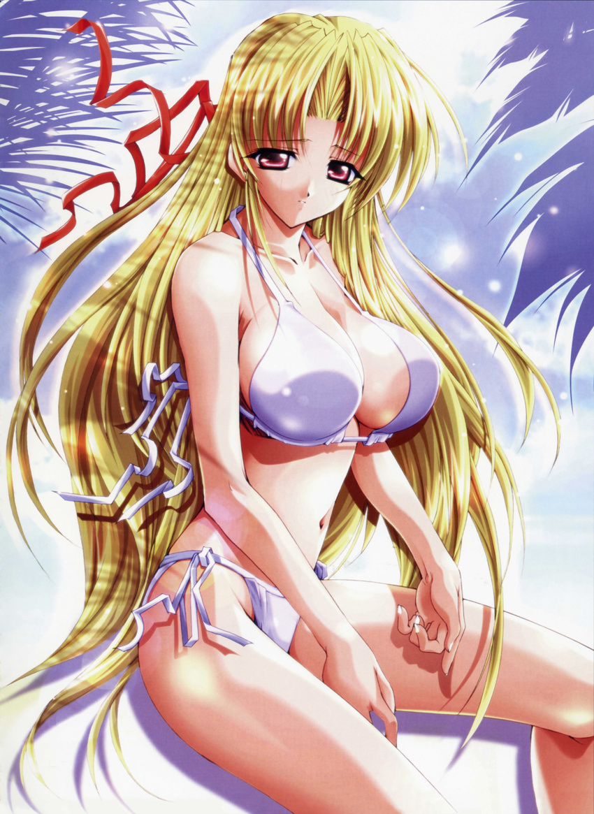 absurdres asuka_keisuke bikini blonde_hair breasts cloud highres large_breasts long_hair lunar_wing red_eyes ribbon sad shirufana side-tie_bikini sky swimsuit very_long_hair