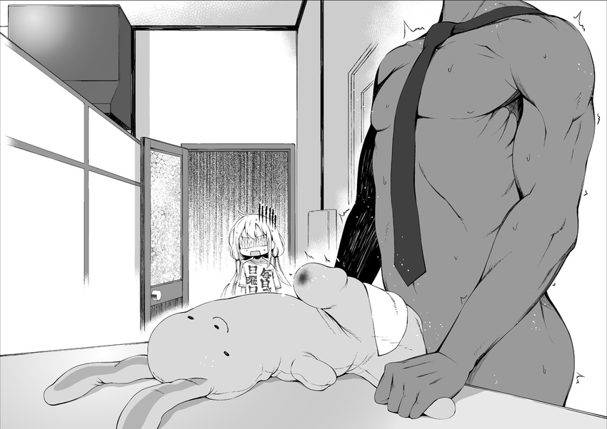 1girl commentary futaba_anzu gloom_(expression) greyscale idolmaster idolmaster_cinderella_girls lying male_focus monochrome muscle necktie nude object_insertion on_back open_door penis producer_(idolmaster) shaded_face standing stuffed_animal stuffed_bunny stuffed_toy sweat translated turn_pale twintails u_(the_unko) walk-in wet_spot
