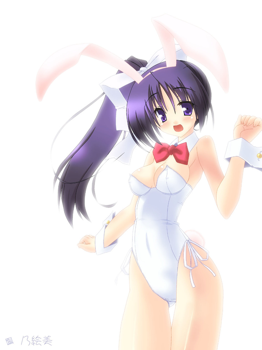 animal_ears bare_legs blue_hair bow bowtie bunny_ears bunny_tail bunnysuit detached_collar highres itou_noemi long_hair ponytail purple_eyes saano_chia side_ponytail solo tail with_you wrist_cuffs