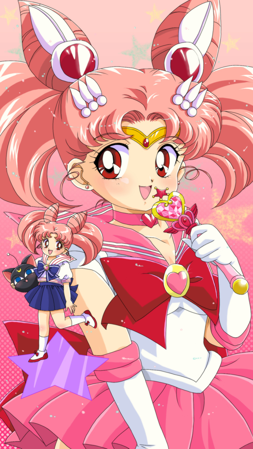 90s back_bow bishoujo_senshi_sailor_moon blush bow chibi_usa choker circlet double_bun earrings elbow_gloves gloves gradient gradient_background hair_bun hair_ornament halftone halftone_background heart highres holding holding_wand jewelry leg_lift looking_at_viewer luna-p mikiky miniskirt multiple_views official_style pink pink_background pink_choker pink_hair pink_moon_stick pink_sailor_collar red_eyes sailor_chibi_moon sailor_collar sailor_senshi_uniform school_uniform serafuku skirt smile standing standing_on_one_leg star twintails wand white_gloves