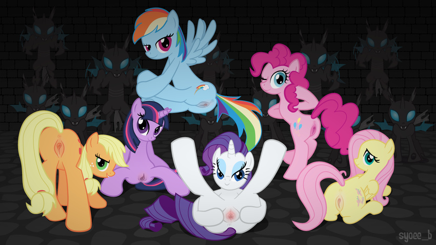 anus applejack_(mlp) blonde_hair blue_eyes blue_hair butt changeling cutie_mark english_text equine fangs female feral flash fluttershy_(mlp) friendship_is_magic green_eyes group hair horn horse inviting long_hair looking_at_viewer looking_back mammal multi-colored_hair my_little_pony pegasus pink_hair pinkie_pie_(mlp) pony presenting purple_eyes pussy rainbow_dash_(mlp) rainbow_hair raised_tail rarity_(mlp) seductive smile spread_legs spreading syoee_b text twilight_sparkle_(mlp) unicorn wings