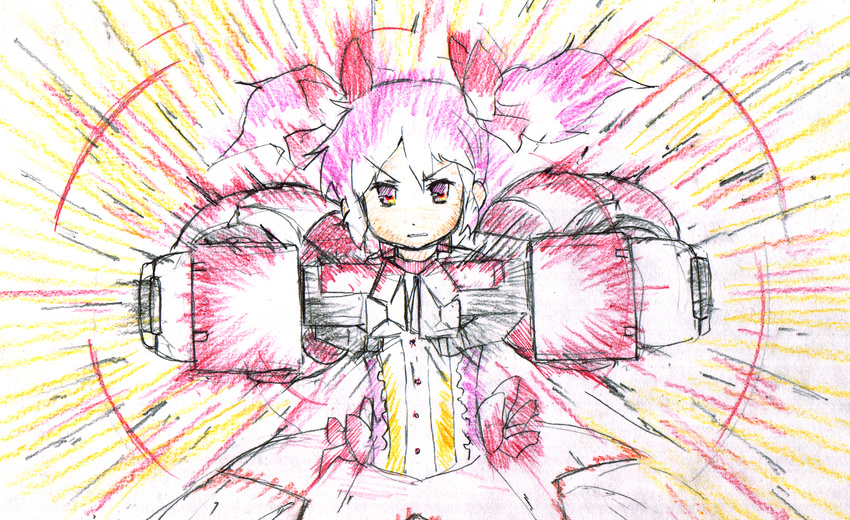 bow gundam gundam_age gundam_age-1 gundam_age-1_titus hair_bow highres kaname_madoka magical_girl mahou_shoujo_madoka_magica matatabeat mecha_musume pink_eyes pink_hair sketch solo