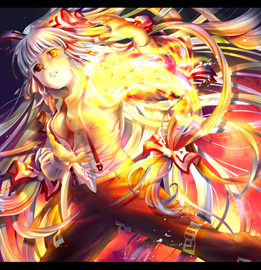 arms_up bad_id bad_pixiv_id bow breasts buttons dress_shirt eyebrows fire fujiwara_no_mokou gradient gradient_background hair_bow hair_ribbon highres light_particles lips long_hair long_sleeves looking_at_viewer medium_breasts monchi_(kashiwa2519) ofuda open_clothes open_hands open_shirt pants parted_lips red_eyes ribbon shirt solo suspenders teeth touhou very_long_hair white_hair