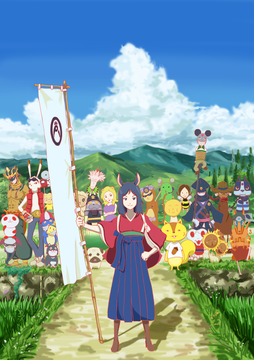 animal_ears banner blue_sky cloud day highres japanese_clothes kari-kenji king_kazuma looking_at_viewer love_machine marsh_(artist) multiple_girls nobori shinohara_natsuki sky standing summer_wars