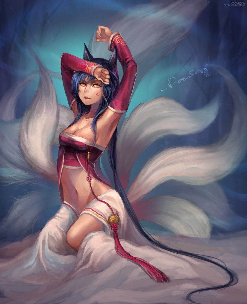 ahri animal_ears armpits arms_up black_hair breasts cleavage dansearl facial_mark fingernails fox_ears highres korean_clothes league_of_legends long_hair looking_at_viewer medium_breasts midriff multiple_tails navel open_mouth sharp_fingernails sitting solo tail very_long_hair whisker_markings yellow_eyes yokozuwari