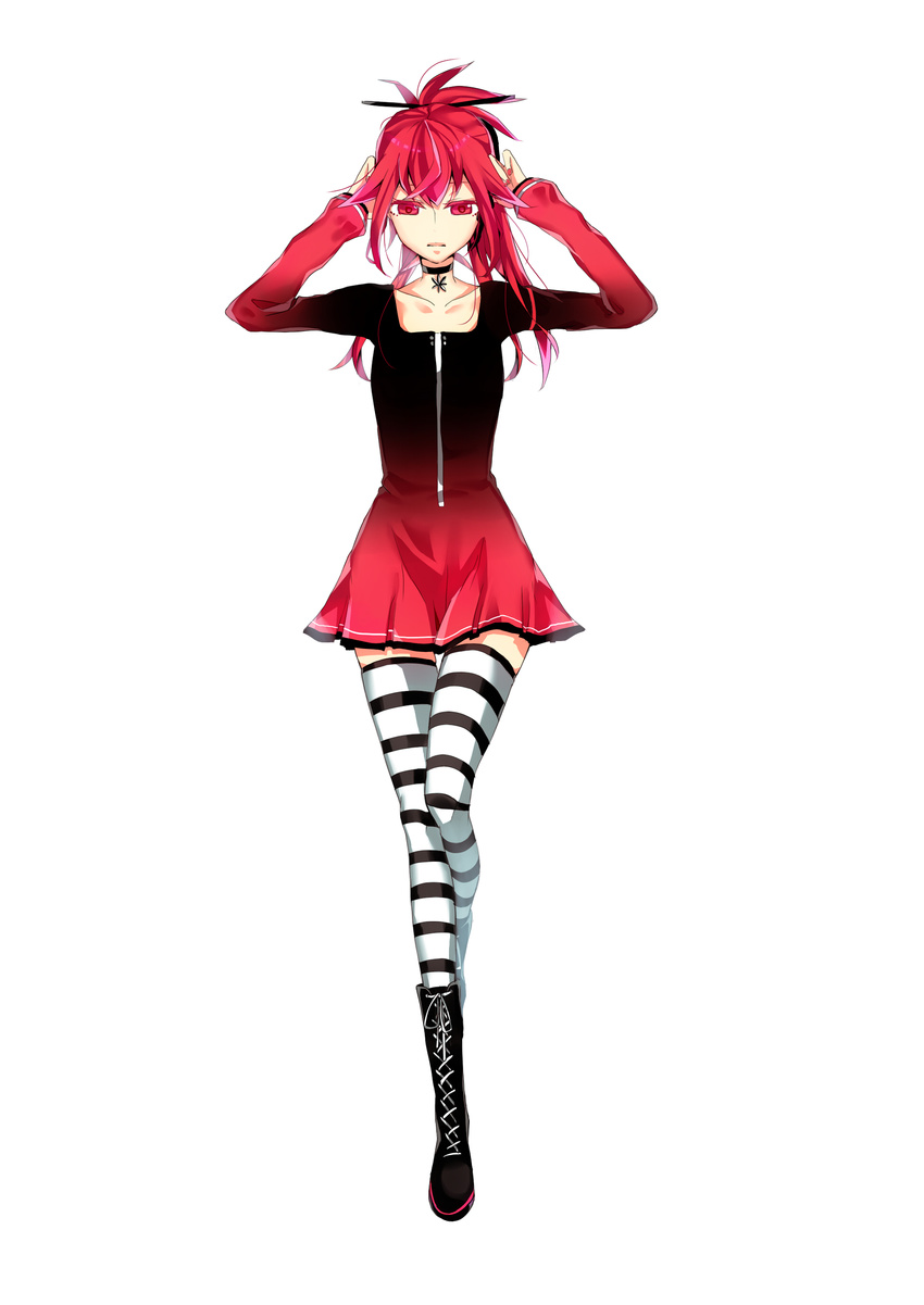 absurdres boots cosplay cul dress full_body headphones highres long_hair ponytail red_eyes red_hair simple_background solo striped striped_legwear thighhighs vient vocaloid vy1 vy1_(cosplay)
