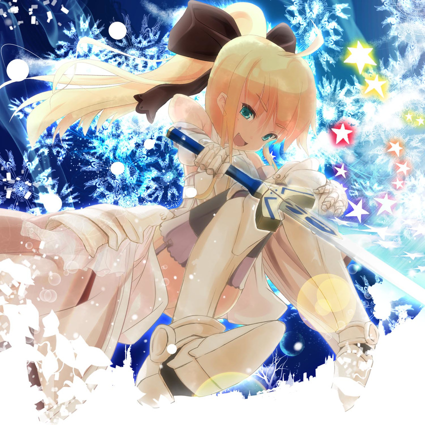 ahoge armor armored_dress artoria_pendragon_(all) bare_shoulders blonde_hair blue_eyes bow caliburn detached_sleeves dress fang fate/stay_night fate/unlimited_codes fate_(series) garter_straps green_eyes hair_bow highres long_hair ooka_(skavler) ponytail saber saber_lily solo sword thighhighs weapon