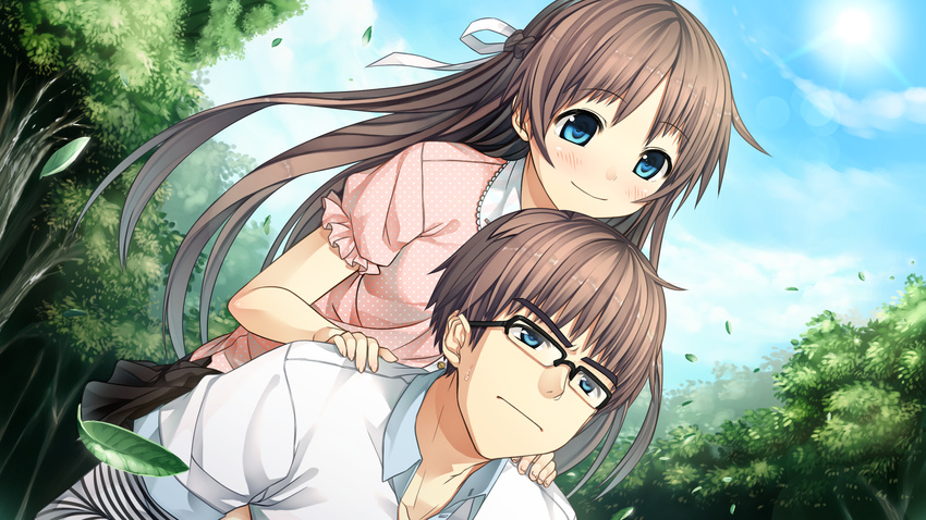 1girl blue_eyes brother_and_sister brown_hair carrying cura forest game_cg glasses highres leaf lens_flare monobeno nature non-web_source piggyback ribbon sawai_natsuha sawai_tooru siblings smile tree wallpaper wind