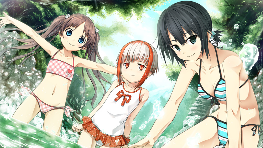 arishima_alice bikini black_eyes black_hair blue_eyes breasts brown_hair casual_one-piece_swimsuit cura flat_chest frilled_swimsuit frills game_cg hair_bobbles hair_ornament highres looking_at_viewer medium_breasts monobeno multicolored_hair multiple_girls non-web_source one-piece_swimsuit orange_eyes orange_hair outstretched_arms partially_submerged petite ponytail river sawai_natsuha smile spread_arms sumi_(monobeno) swimsuit swimsuit_skirt twintails two-tone_hair wallpaper water white_hair