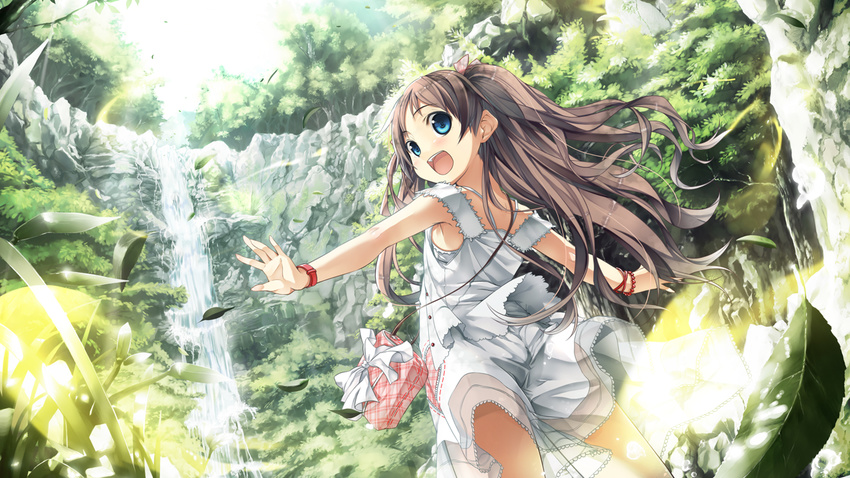 :d bag blue_eyes bracelet brown_hair cura dress game_cg hands happy jewelry leaf looking_back monobeno nature non-web_source open_mouth outstretched_arms ribbon sawai_natsuha scenery smile solo spread_arms sunlight tree two_side_up wallpaper water waterfall