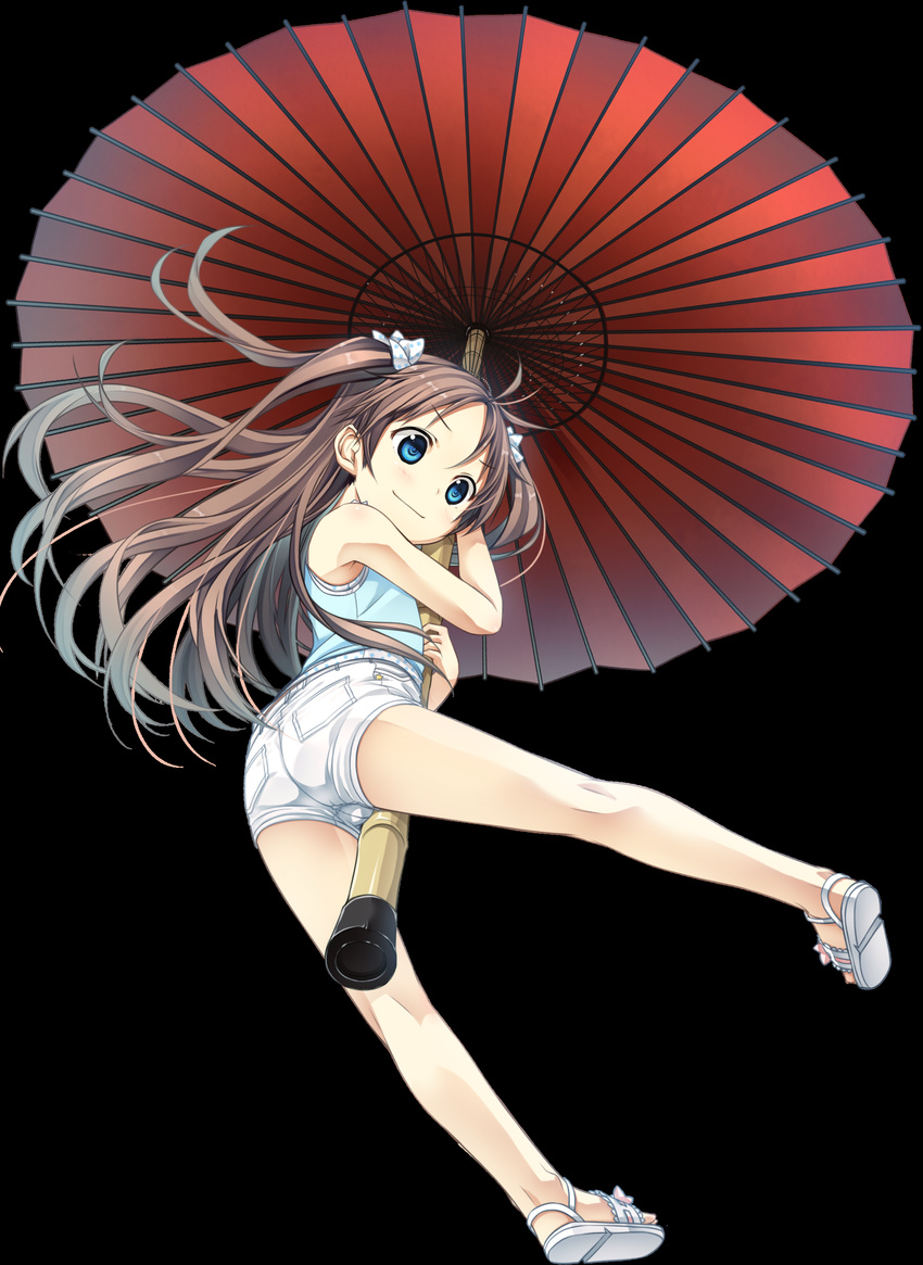 &gt;:) absurdres black_background blue_eyes brown_hair cura game_cg hair_ribbon highres hishakaku kneepits looking_down monobeno non-web_source oriental_umbrella polka_dot ribbon sandals sawai_natsuha short_shorts shorts simple_background smile solo two_side_up umbrella v-shaped_eyebrows