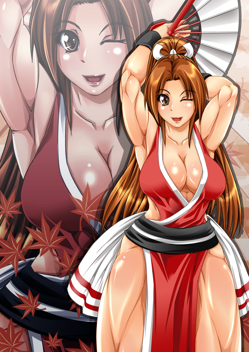 alop-net arms_behind_head bracer brown_eyes brown_hair fan fatal_fury highres japanese_clothes king_of_fighter king_of_fighters leaf lipstick long_hair looking_at_viewer macto makeup muscle open_mouth ponytail shiranui_mai smile snk thighs wink zoom_layer