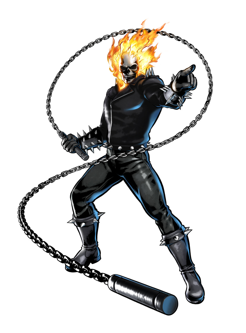 absurdres chain fire ghost_rider highres jacket male_focus marvel marvel_vs._capcom marvel_vs._capcom_3 mori_toshiaki official_art skull solo spikes transparent_background