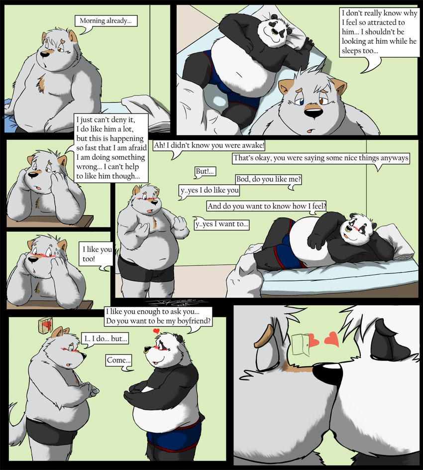 &hearts; bear belly blush bod canine chest_tuft chubby comic fur gay heterochromia jakegr kanon kissing male mammal overweight panda romantic slice_of_life topless tuft