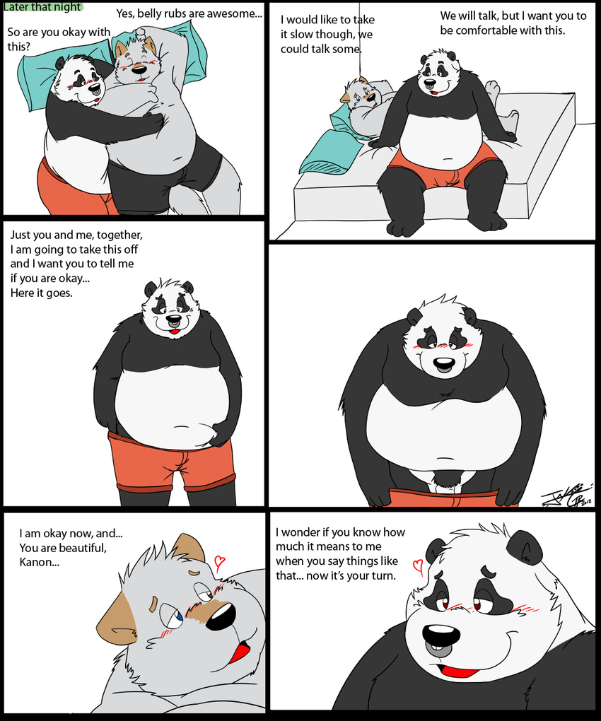 &hearts; bear belly_rub blush bod canine chubby comic cuddling gay heterochromia jakegr kanon male mammal overweight panda romantic skritches slice_of_life topless undressing