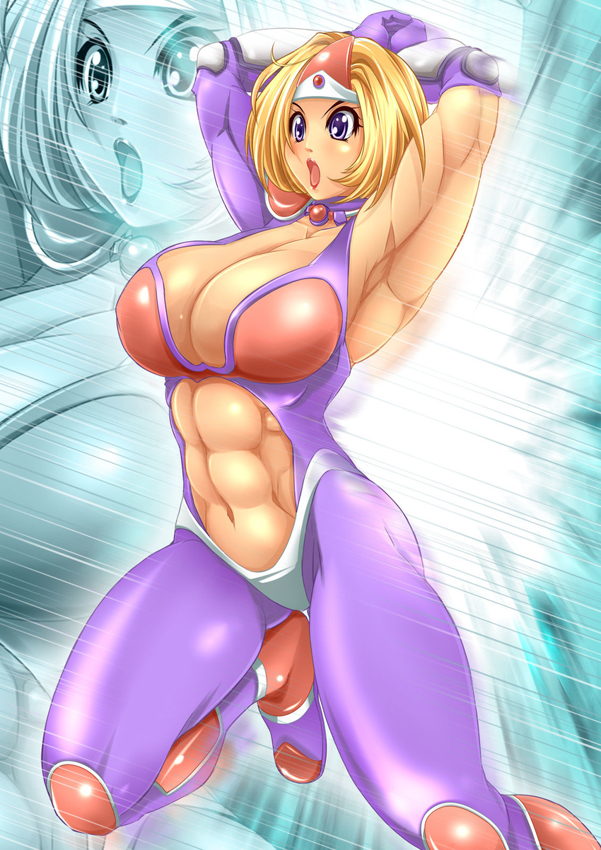 1girl abs alop-net arms_behind_head blonde_hair breasts character_request cleavage highres large_breasts lipstick macto makeup muscle open_mouth purple_eyes skin_tight solo source_request zoom_layer