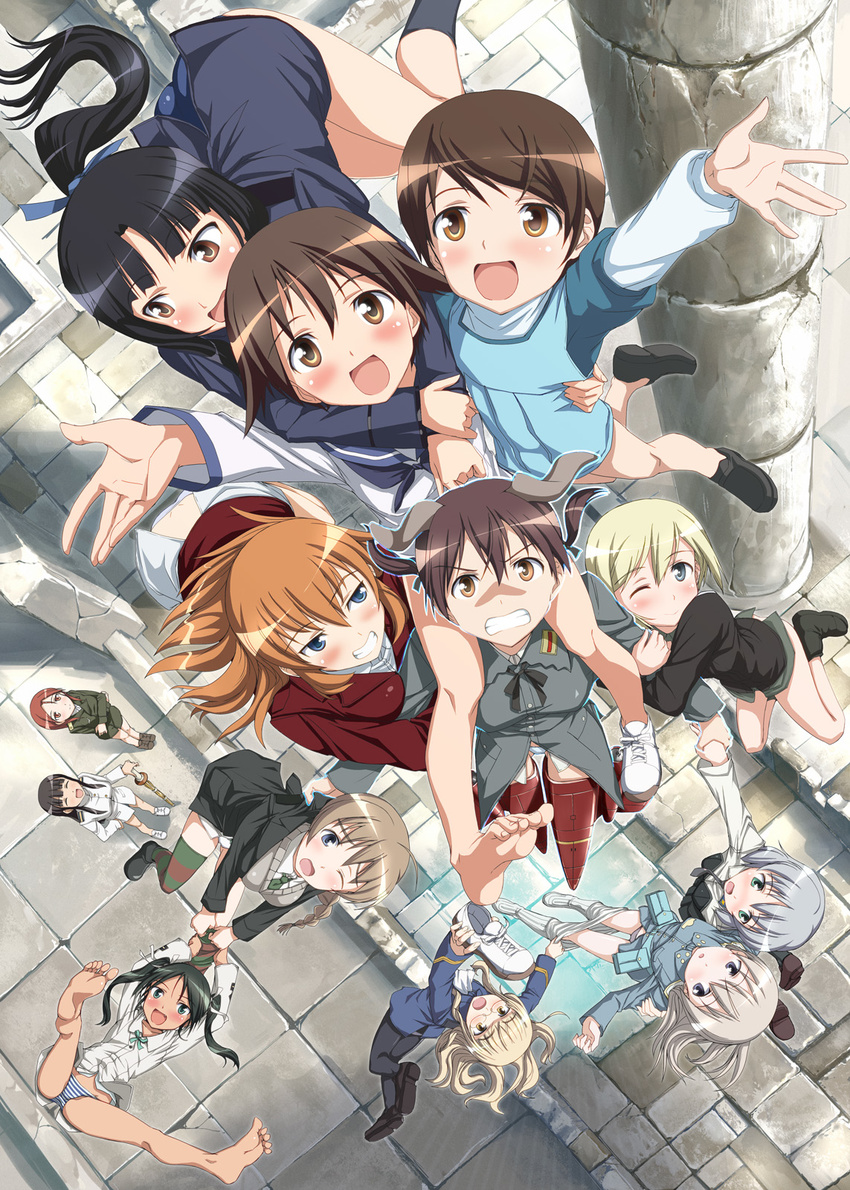 6+girls architecture bare_legs barefoot black_legwear blush carrying charlotte_e_yeager christiane_barkhorn clenched_teeth column eila_ilmatar_juutilainen erica_hartmann everyone flying francesca_lucchini from_above gertrud_barkhorn grin hattori_shizuka hi-ho- highres holding hug jacket looking_at_viewer lynette_bishop military military_jacket military_uniform minna-dietlinde_wilcke miyafuji_yoshika multiple_girls no_pants one_eye_closed open_mouth outstretched_arms panties pantyhose pantyhose_pull perrine_h_clostermann pillar ruins sakamoto_mio sanya_v_litvyak shoes shoulder_carry single_shoe smile spread_arms spread_legs strike_witches striker_unit teeth thighhighs underwear uniform white_legwear world_witches_series