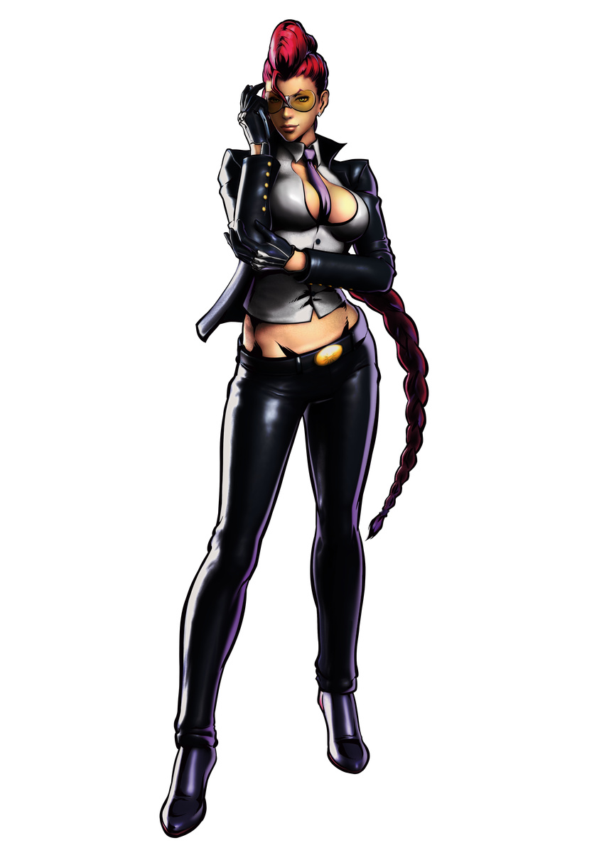 absurdres belt between_breasts braid breasts capcom crimson_viper crossed_arms earrings gloves high_heels highres jewelry long_hair marvel marvel_vs._capcom marvel_vs._capcom_3 marvel_vs_capcom marvel_vs_capcom_3 midriff mori_toshiaki necktie official_art pink_hair pompadour shinkiro shoes single_braid solo street_fighter street_fighter_iv sunglasses very_long_hair