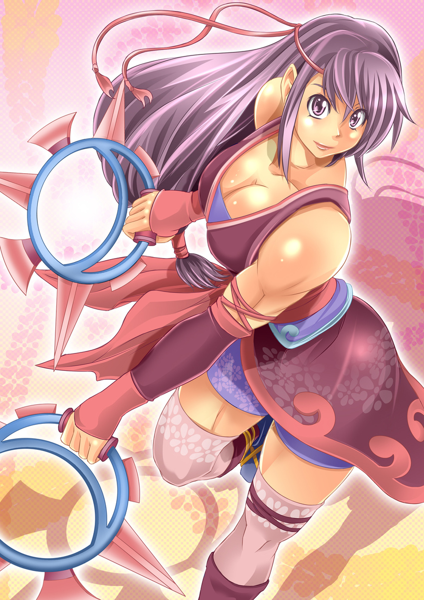 1girl alop-net bare_shoulders breasts chakram chinese_clothes elbow_gloves gloves highres holding long_hair looking_at_viewer macto muscle purple_eyes purple_hair solo thighhighs weapon