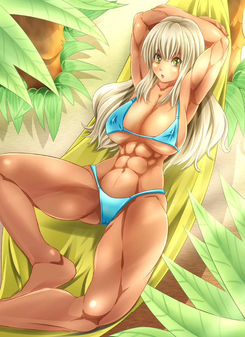 1girl abs alop-net arms_behind_head bad_id bikini blonde_hair breasts character_request hammock highres huge_breasts long_hair looking_at_viewer lying macto muscle open_mouth solo source_request spread_legs swimsuit tree yellow_eyes