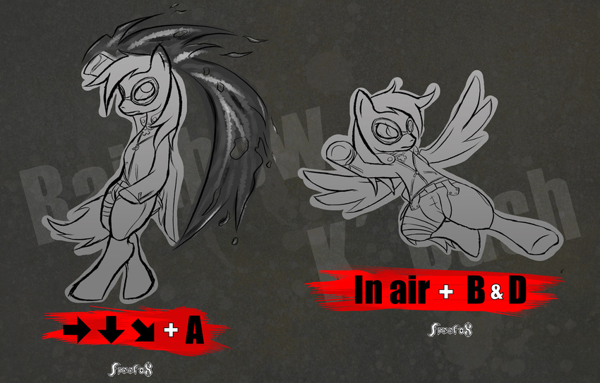 arrow emulation equine female fight freefox friendship_is_magic grey_background greyscale hair horse long_hair mammal monochrome my_little_pony pegasus plain_background rainbow_dash_(mlp) snk wings