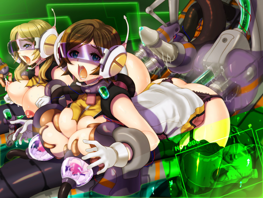 anal bdsm black_legwear blonde_hair blue_eyes bondage bound breast_grab breasts brown_hair cable character_request cleavage double_penetration earth_defense_force garter_straps gloves grabbing huge_breasts ippanteki_shokusha lactation large_breasts looking_at_viewer machine milk milking_machine multiple_girls nipples open_mouth saliva sex_machine short_hair thighhighs tongue tongue_out vaginal