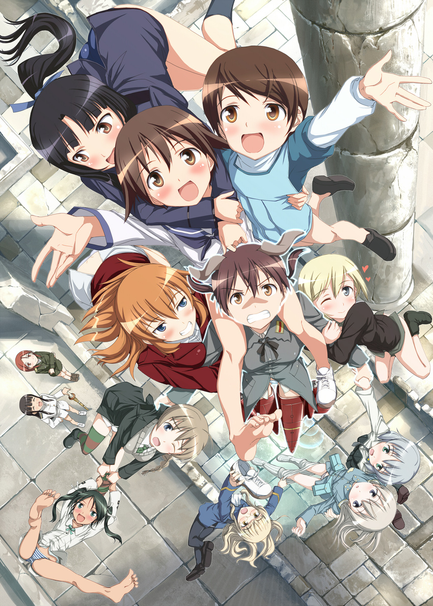 6+girls absurdres architecture bare_legs barefoot black_legwear blush carrying charlotte_e_yeager christiane_barkhorn clenched_teeth column eila_ilmatar_juutilainen erica_hartmann everyone flying francesca_lucchini from_above gertrud_barkhorn grin hattori_shizuka hi-ho- highres holding hug jacket looking_at_viewer lynette_bishop military military_jacket military_uniform minna-dietlinde_wilcke miyafuji_yoshika multiple_girls no_pants one_eye_closed open_mouth outstretched_arms panties pantyhose pantyhose_pull perrine_h_clostermann pillar ruins sakamoto_mio sanya_v_litvyak shoes shoulder_carry single_shoe smile spread_arms spread_legs strike_witches striker_unit teeth thighhighs underwear uniform white_legwear world_witches_series