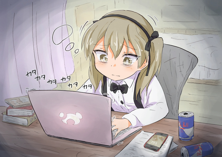 1girl absurdres bags_under_eyes bangs bed bedroom black_neckwear black_ribbon black_skirt book bow bowtie can casual cellphone chair closed_mouth collared_shirt commentary computer curtains desk eyebrows_visible_through_hair frown girls_und_panzer hair_ribbon high-waist_skirt highres indoors laptop light_brown_eyes light_brown_hair long_hair long_sleeves motion_blur namakurage paper phone red_bull ribbon shimada_arisu shirt side_ponytail sitting skirt sleepy smartphone soda_can solo suspender_skirt suspenders typing white_shirt