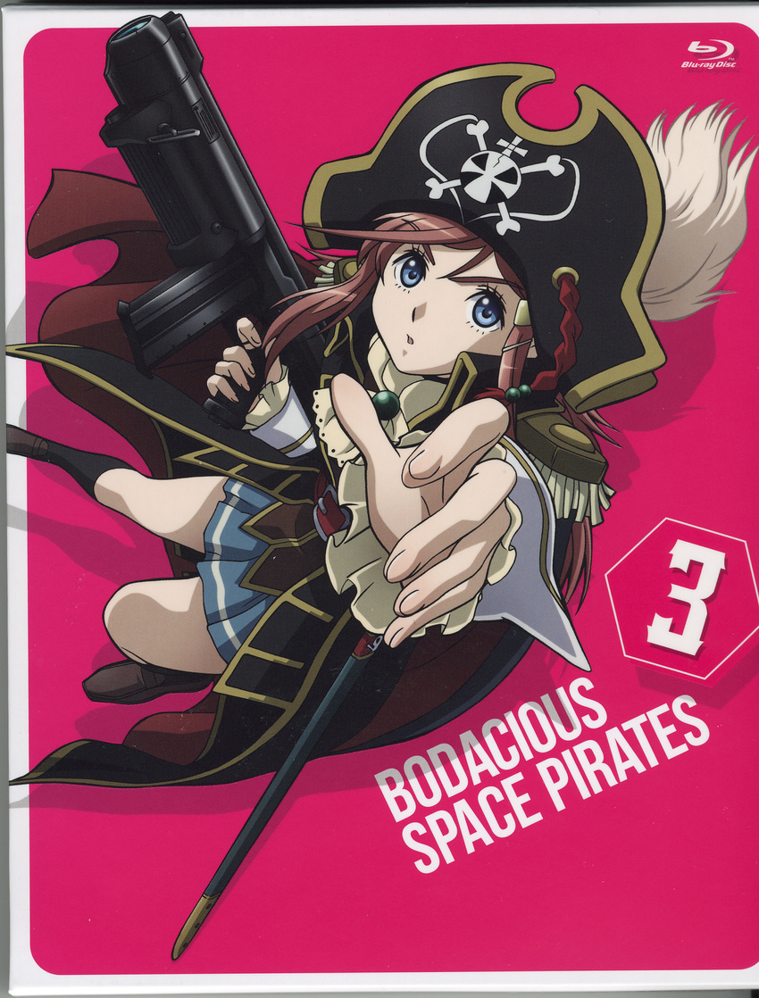 belt blue_eyes bluray_cover epaulettes hat hat_feather highres jabot katou_marika long_hair looking_at_viewer miniskirt_pirates pirate pirate_hat pleated_skirt sabre skirt skull_and_crossbones sword weapon