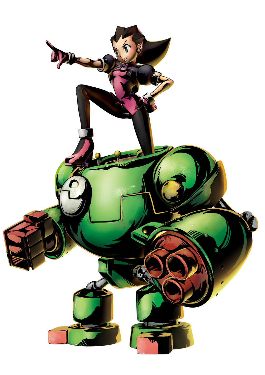 absurdres brown_hair capcom crossover earrings full_body gloves green_eyes hairband highres jacket jewelry marvel marvel_vs._capcom marvel_vs._capcom_3 marvel_vs_capcom marvel_vs_capcom_3 mecha official_art pantyhose pointing rockman rockman_dash solo style_clash tron_bonne