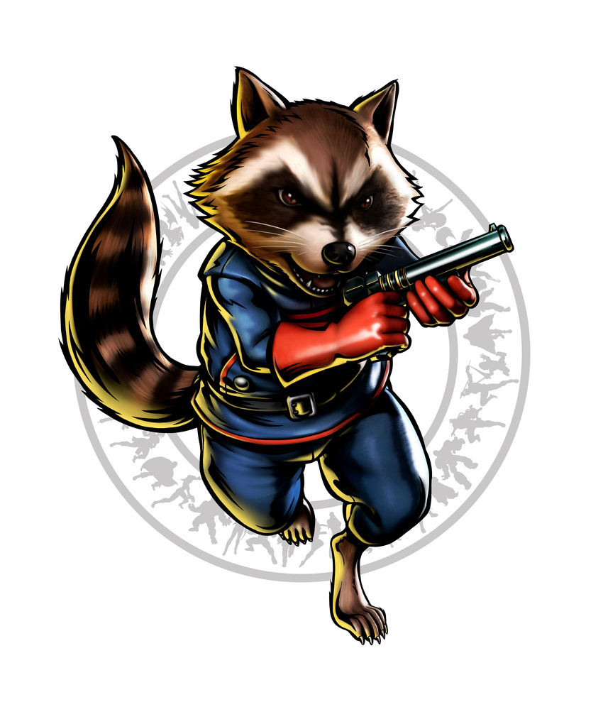 absurdres animal capcom fangs gloves gun highres marvel marvel_vs._capcom marvel_vs._capcom_3 marvel_vs_capcom marvel_vs_capcom_3 mori_toshiaki no_humans official_art raccoon rocket_raccoon shinkiro solo tail weapon