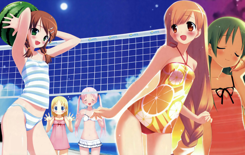 absurdres armpits bikini blush braid fang food frilled_bikini frills fruit garden_(game) gayarou highres himemiya_ruri holding holding_food holding_fruit hoshino_erika multiple_girls orange_print otokawa_sayo rindou_mana striped striped_bikini suzumura_azami swimsuit twin_braids twintails watermelon