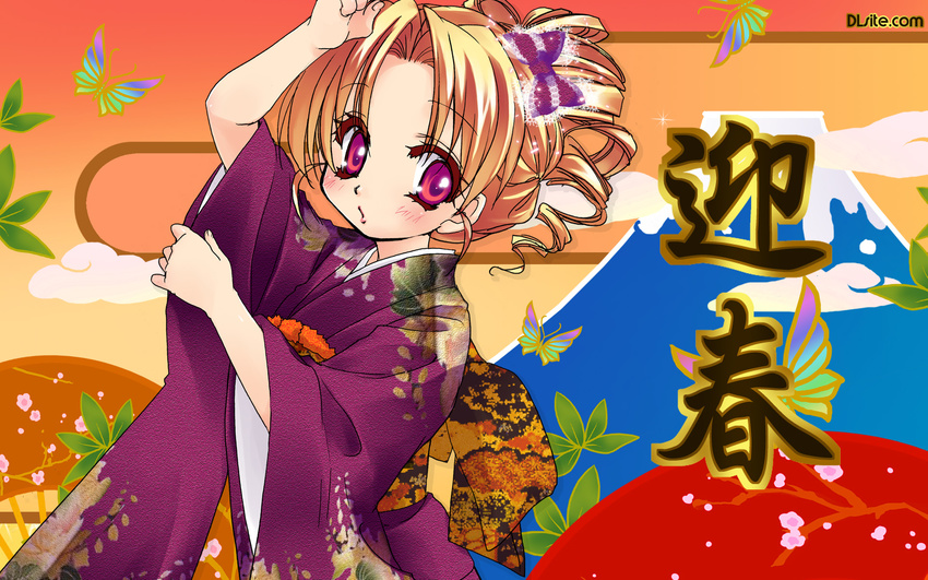 blonde_hair bug butterfly cherry_blossoms dlsite.com highres insect japanese_clothes kimono malino_(dream_maker) mountain premium-chan purple_eyes solo wallpaper