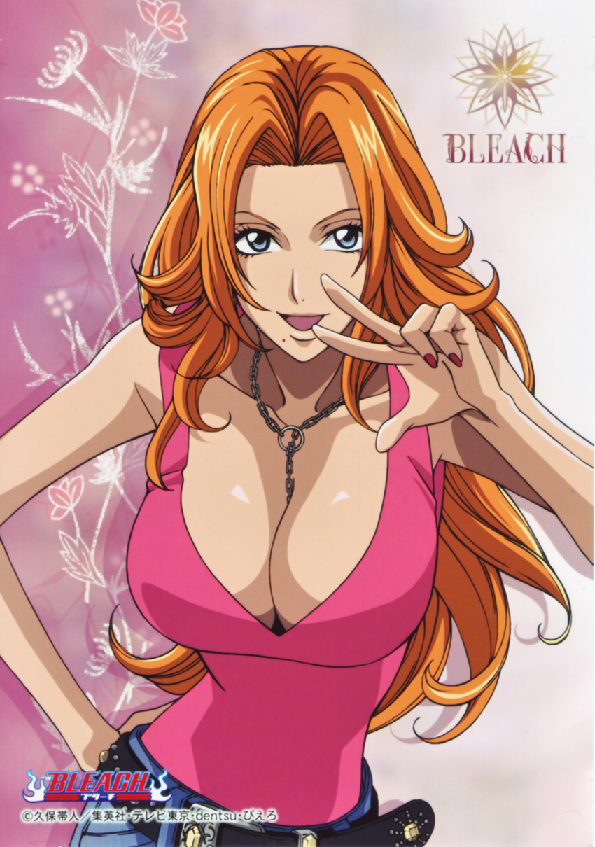 absurdres artist_request belt bleach blue_eyes breasts cleavage curvy fingernails highres huge_breasts long_fingernails long_hair matsumoto_rangiku mole mole_under_mouth nail_polish orange_hair red_nails solo