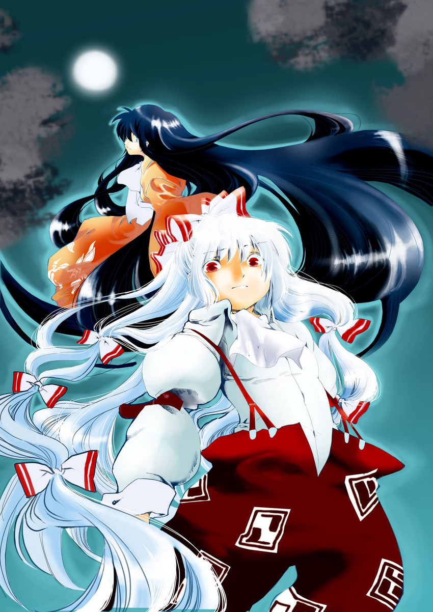 black_hair blue_eyes blue_hair fujiwara_no_mokou hair_ribbon highres houraisan_kaguya long_hair moon multiple_girls night night_sky red_eyes ribbon sano_sanoko sky suspenders touhou very_long_hair white_hair