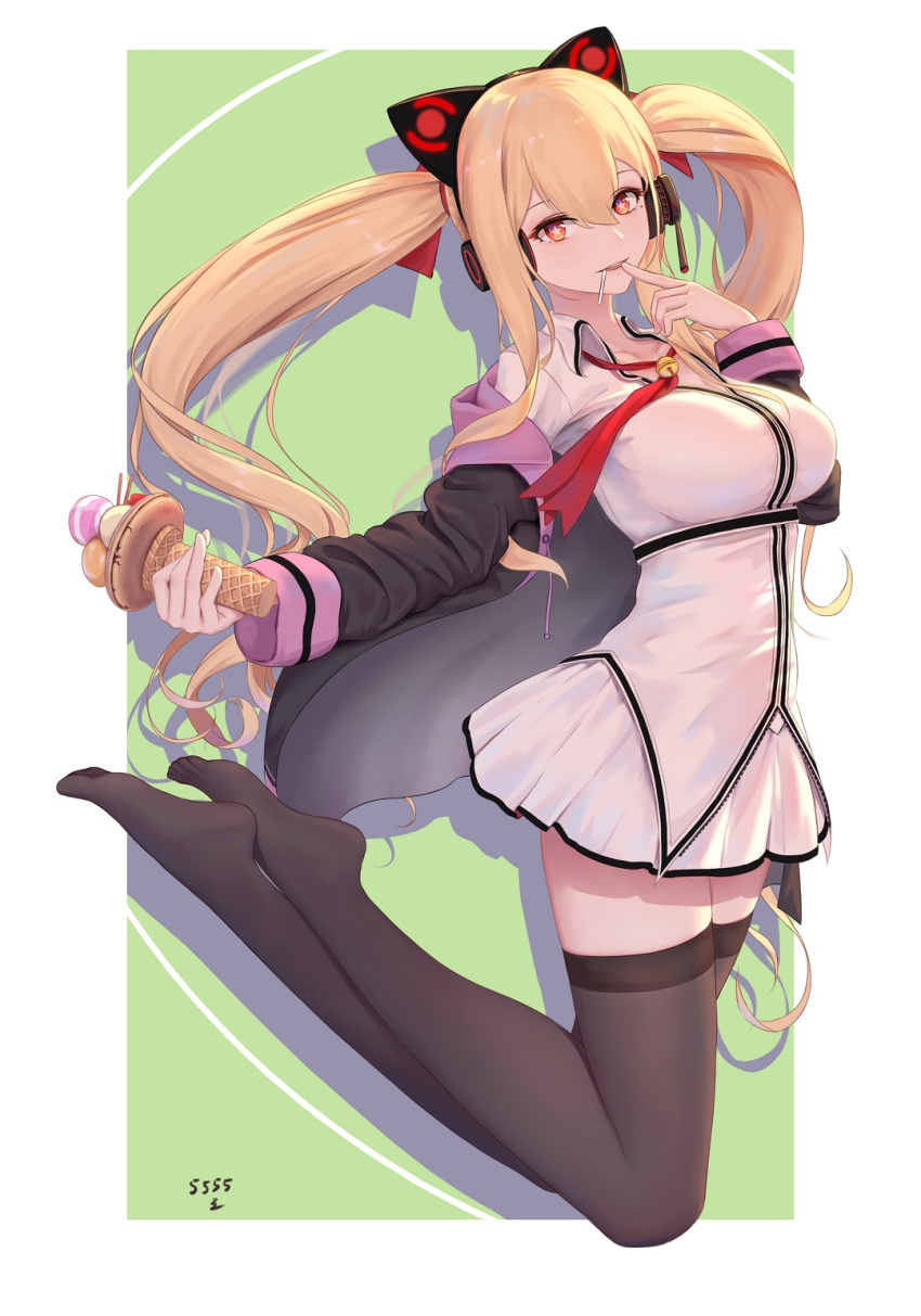 5555_96 animal_ears azur_lane blonde_hair breasts candy collarbone collared_shirt commentary_request concord_(azur_lane) fake_animal_ears food hair_ribbon hairband headphones highres ice_cream_cone jacket jumping large_breasts lollipop long_hair pleated_skirt red_eyes ribbon shirt skirt solo star star-shaped_pupils symbol-shaped_pupils thighhighs twintails very_long_hair zettai_ryouiki