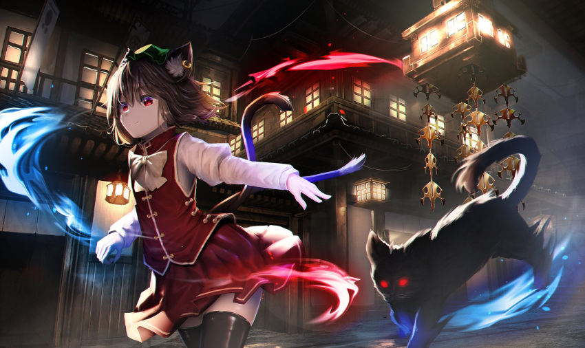 1girl animal_ear_fluff animal_ears architecture black_cat bow bowtie brown_hair cat cat_ears cat_tail chen chinese_clothes earrings east_asian_architecture green_headwear hat highres jewelry juliet_sleeves long_sleeves mob_cap nekomata puffy_sleeves red_eyes red_skirt red_vest ryosios shirt skirt tail touhou vest white_shirt