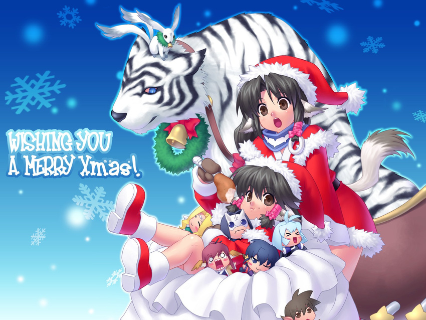 &gt;_&lt; :d ;) animal_ears aruruw bell black_hair blonde_hair blue_eyes blue_hair blush_stickers boots bow brown_eyes brown_hair character_doll character_request christmas closed_eyes dog_ears english eruruw frown hakuoro hat highres holding kamyu karura_(utawareru_mono) long_sleeves looking_at_viewer mask merry_christmas mukkuru multiple_girls o_o oboro_(utawareru_mono) on_head one_eye_closed open_mouth sack santa_costume santa_hat siblings sisters slit_pupils smile snowflakes teeth tiger tiger_stripes touka_(utawareru_mono) urtoriy utawareru_mono white_tiger wreath zen