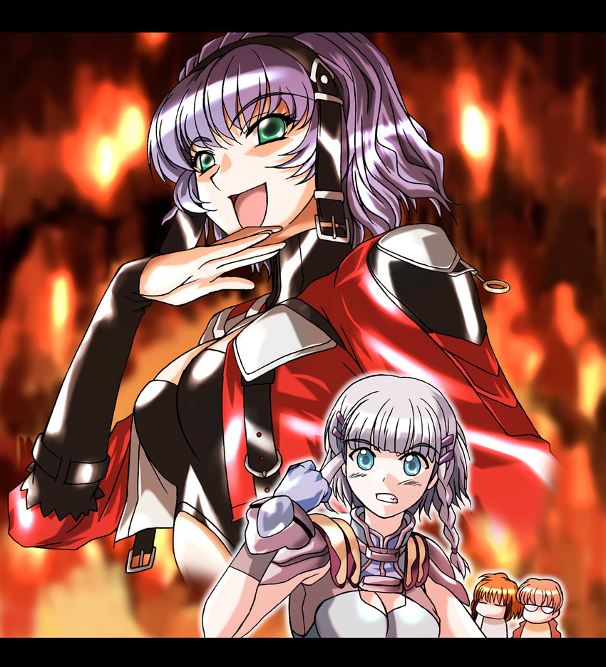 aqua_centolm aqua_eyes artist_request bangs blunt_bangs blush braid breast_envy breasts evil_smile fire flame green_eyes highres ibis_douglas large_breasts laughing multiple_girls pose scared seolla_schweizer silver_hair smile super_robot_wars tsugumi_takakura twin_braids upper_body wide-eyed