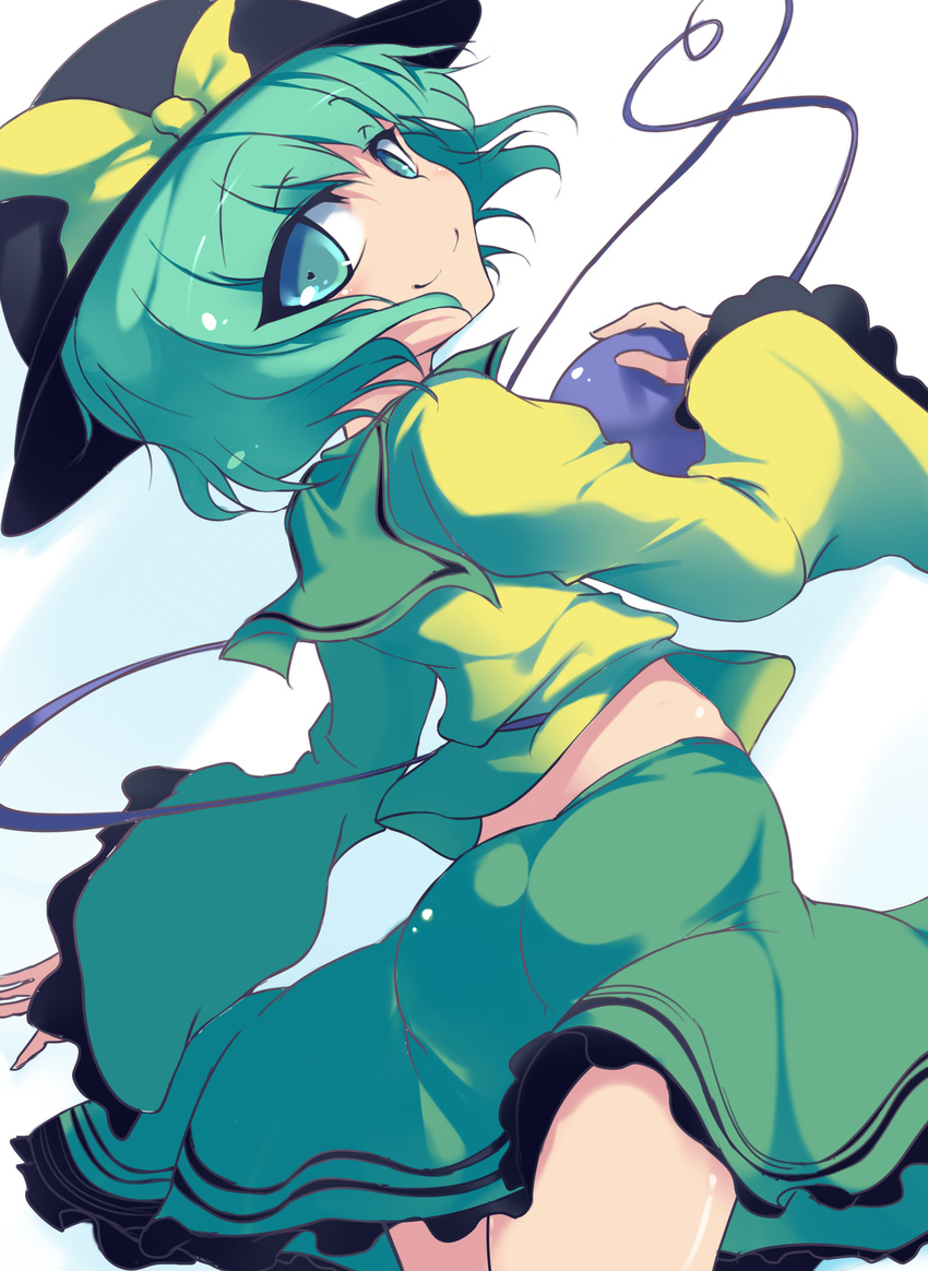 absurdres bow green_eyes green_hair hat hat_bow head_tilt heart heart_of_string highres kiyoichi_(acacia_soukyoukai) komeiji_koishi long_sleeves looking_back short_hair skirt smile solo third_eye touhou wide_sleeves