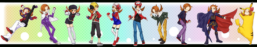 backwards_hat bag baseball_cap brown_hair cape cosplay gold_(pokemon) gold_(pokemon)_(cosplay) hat headband highres holding holding_poke_ball kotone_(pokemon) long_image matis_(pokemon) matis_(pokemon)_(cosplay) minaki_(pokemon) minaki_(pokemon)_(cosplay) multiple_girls multiple_persona one_eye_closed ookido_green ookido_green_(cosplay) poke_ball poke_kid_(pokemon) poke_kid_(pokemon)_(cosplay) pokemon pokemon_(game) pokemon_hgss pokemon_rgby polka_dot polka_dot_background red_(pokemon) red_(pokemon)_(cosplay) red_(pokemon_rgby) ribbon saku_(pixiv526117) scarf silver_(pokemon) silver_(pokemon)_(cosplay) team_rocket_uniform twintails waist_poke_ball wataru_(pokemon) wataru_(pokemon)_(cosplay) wide_image