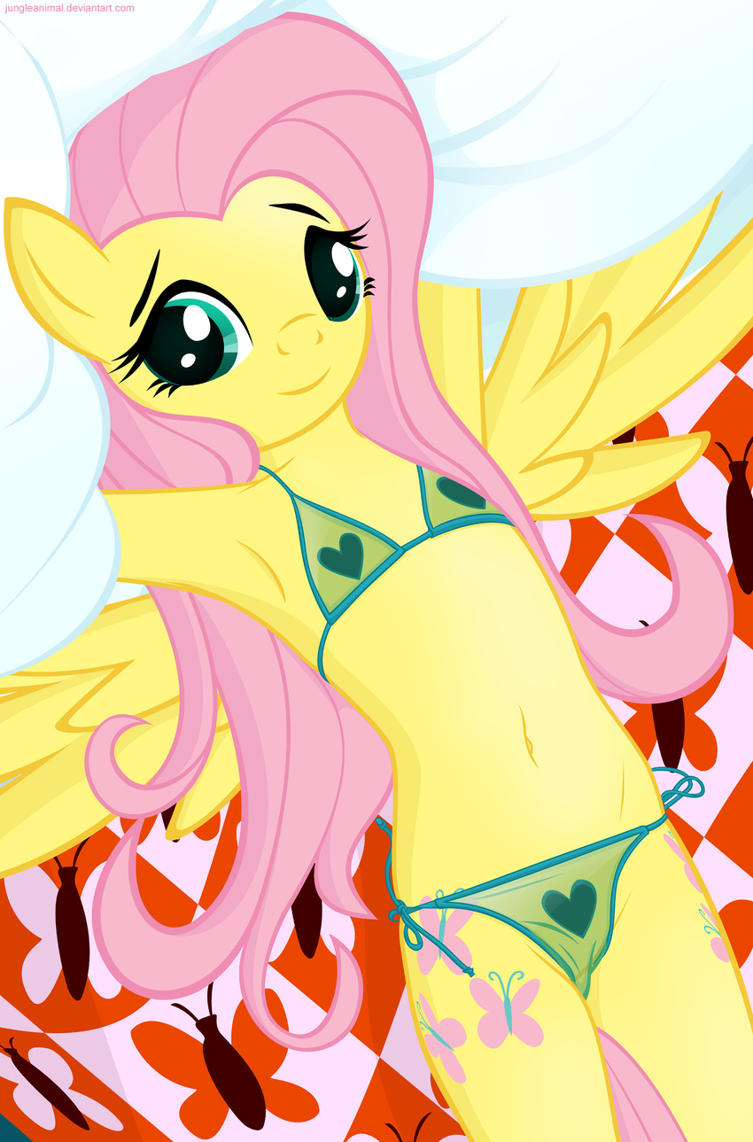 &hearts; &lt;3 bed bikini blue_eyes cloth clothed clothing cute cutie_mark equine female fluttershy_(mlp) friendship_is_magic hair hi_res horse jungleanimal junglepony long_hair looking_at_viewer mammal my_little_pony navel panties pegasus pillow pink_hair pony skimpy smile solo swimsuit underwear wing_boner wings